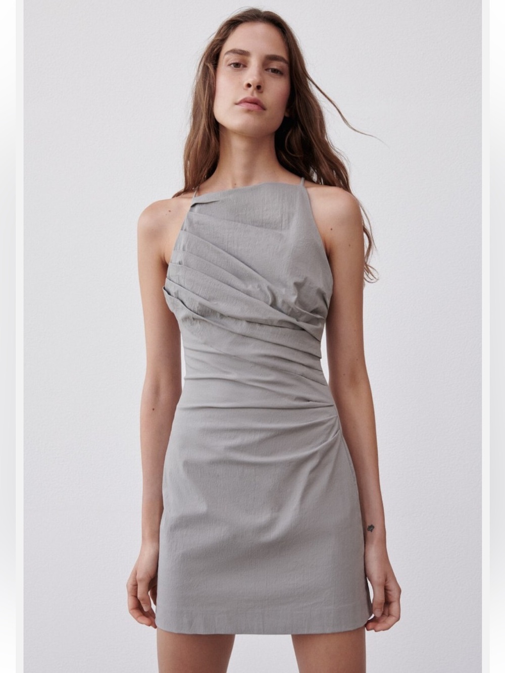 Zara Light Grey Ruched Halter Mini Dress